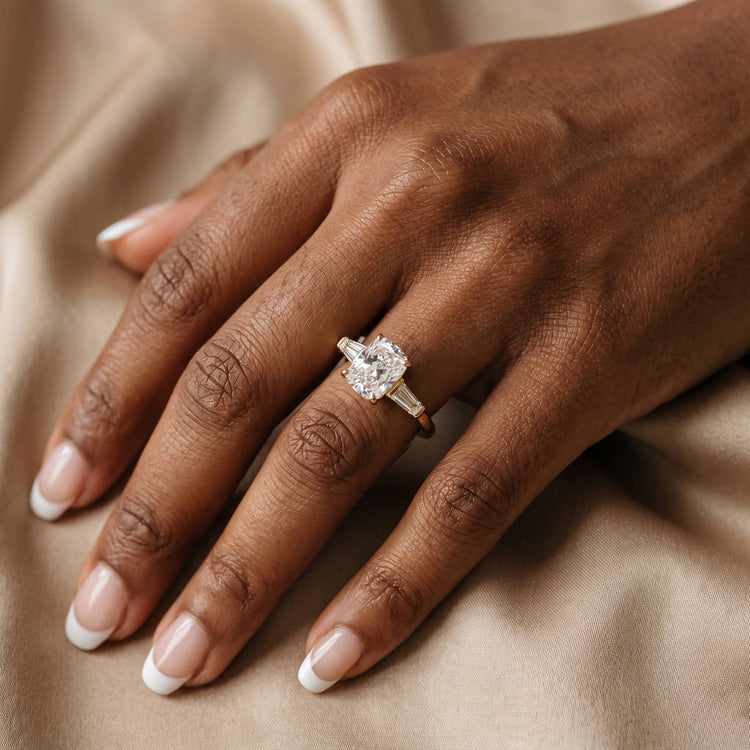 Estelle丨Elongated Cushion Lab Diamond Three-Stone Engagement Ring with Tapered Baguette Accents - Rings