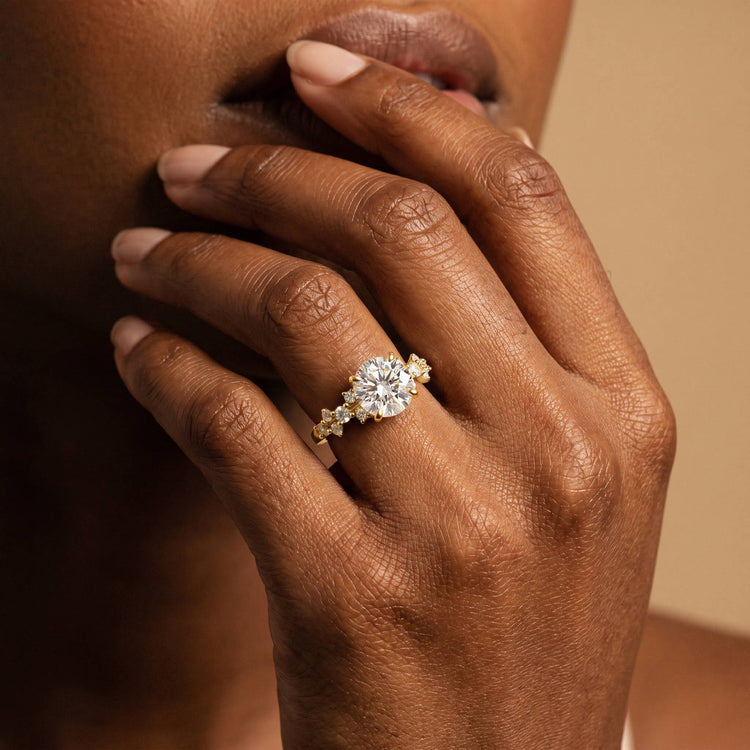 Round Cut Lab-Grown Diamond Leaf Accent Engagement Ring - Rings