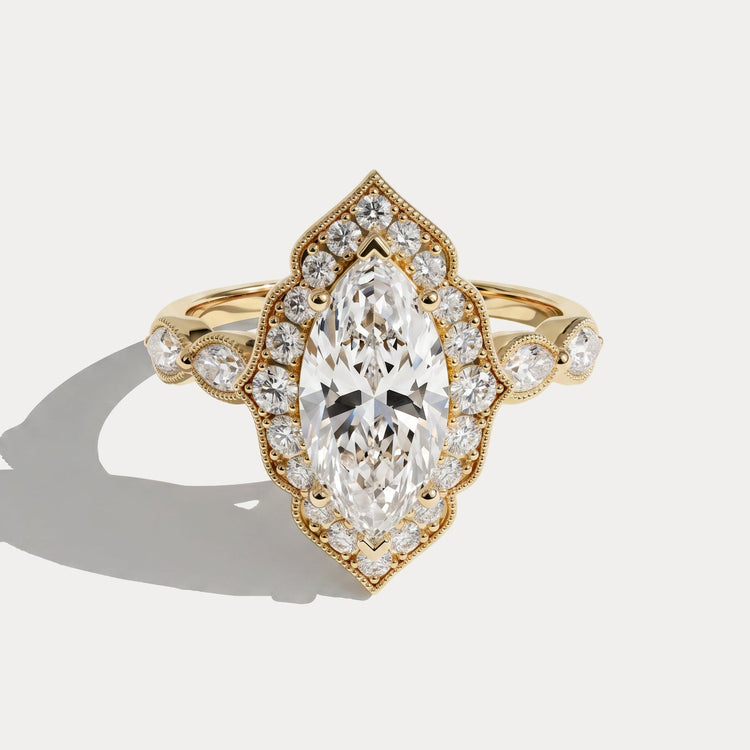 Cressida丨Marquise Lab Diamond Vintage-Inspired Leaf Halo Engagement Ring - Rings
