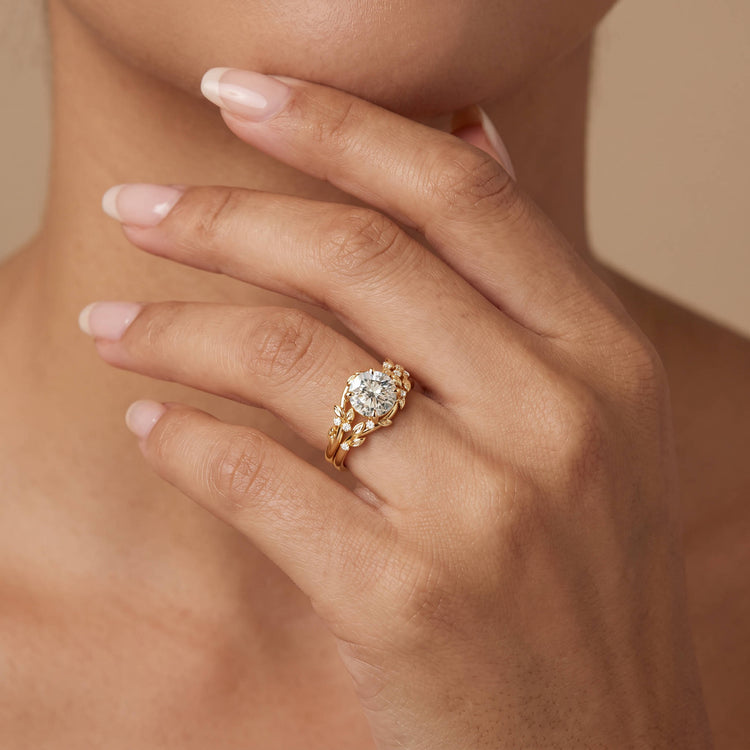Octavia丨Round Cut Lab-Grown Diamond Leaf-Wrapped Bridal Ring Set - Rings