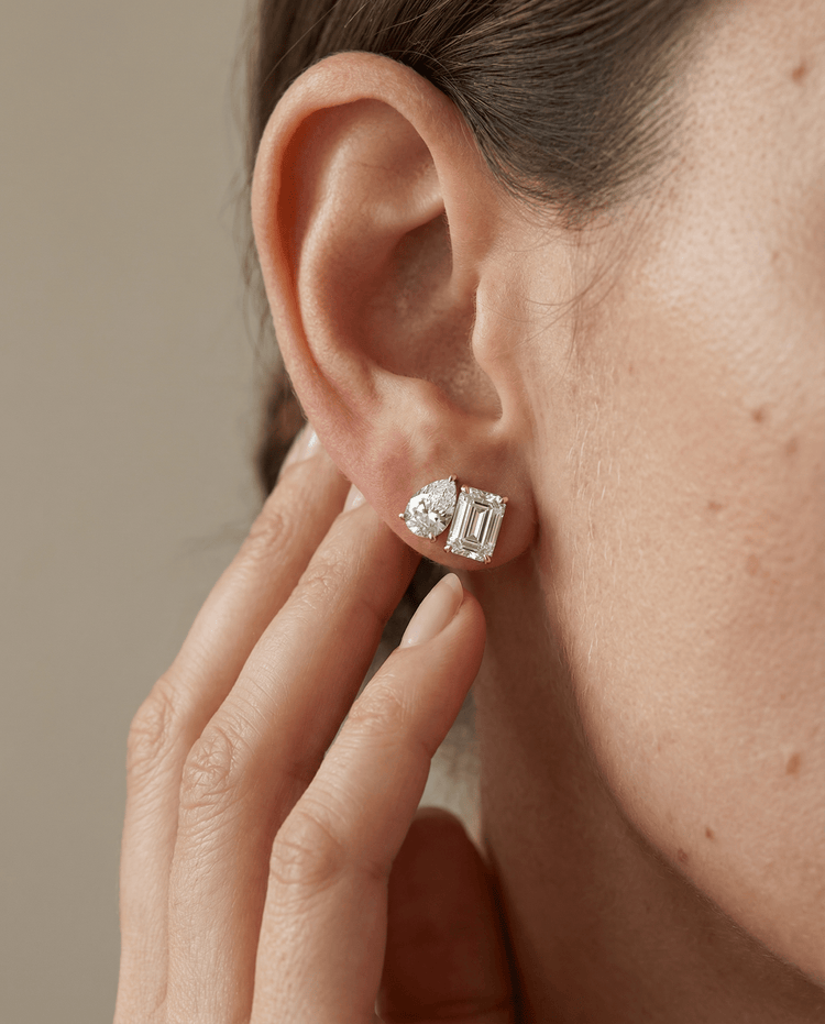 12CTW Lab Diamond Toi Et Moi Stud Earring In 14K Solid Gold/Platinum - Earrings