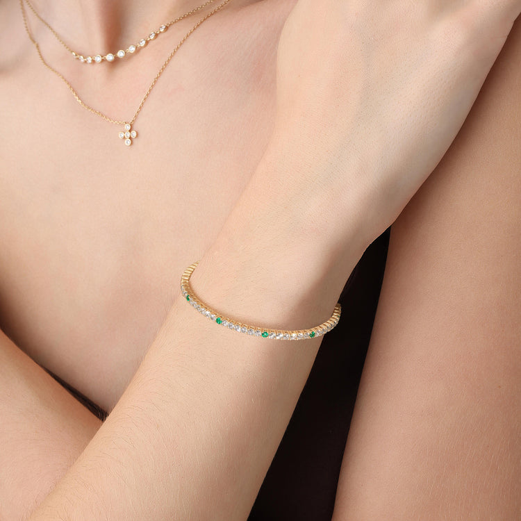 3.52CTW DEW Moissanite Flexible Bangle Bracelet with Lab Created Emerald -