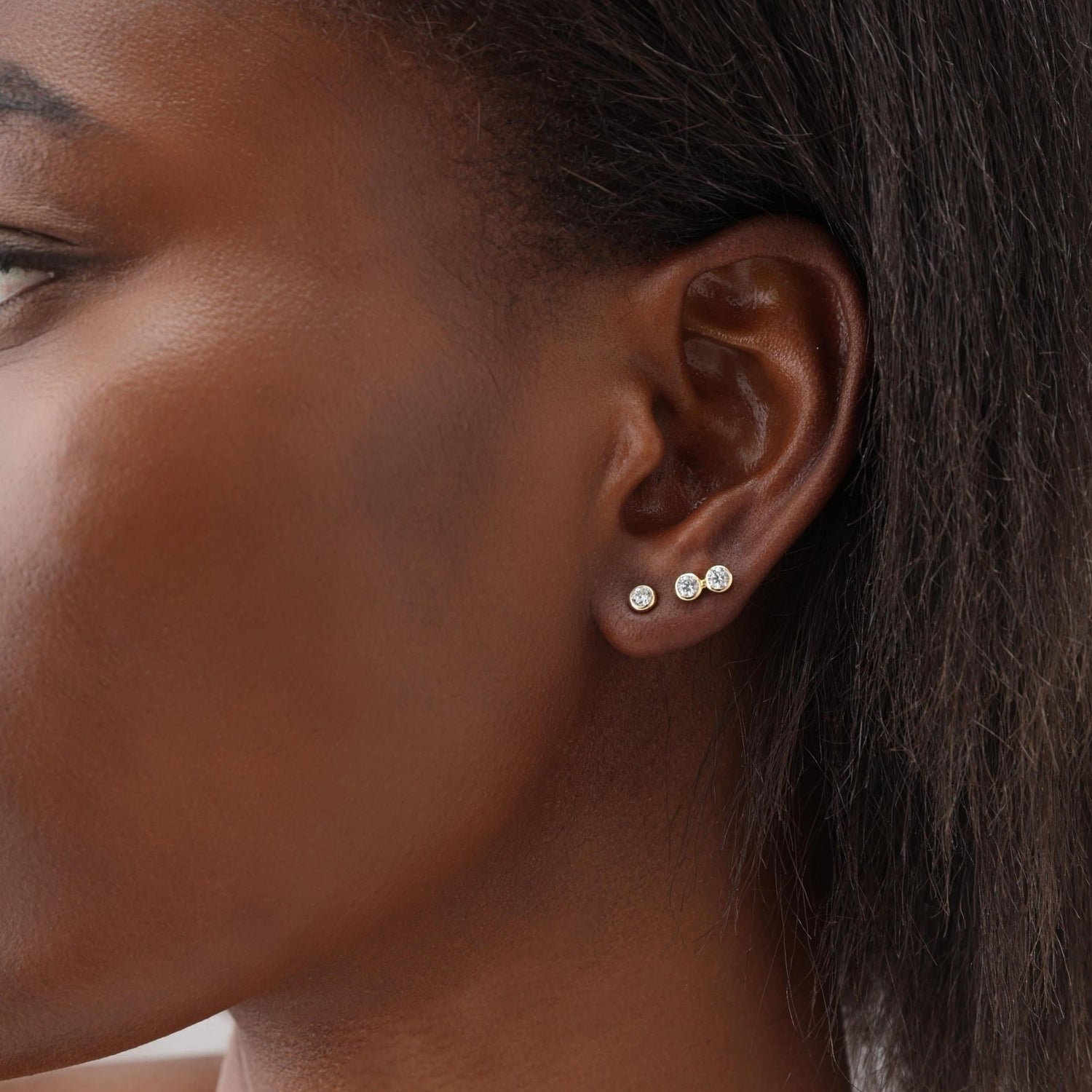 14K Solid Gold Double Diamond Petite Stud Earrings -