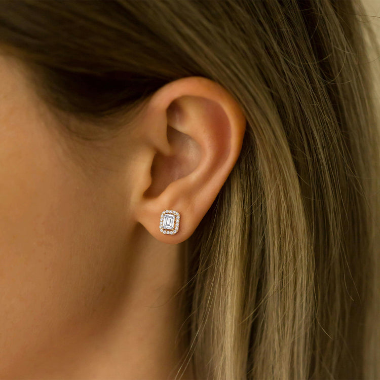 Halo Emerald Lab Diamond Earrings In 14K Solid Gold - Earrings
