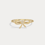 14K Solid Gold Beaded Bow Ring With Lab Diamond - Rings