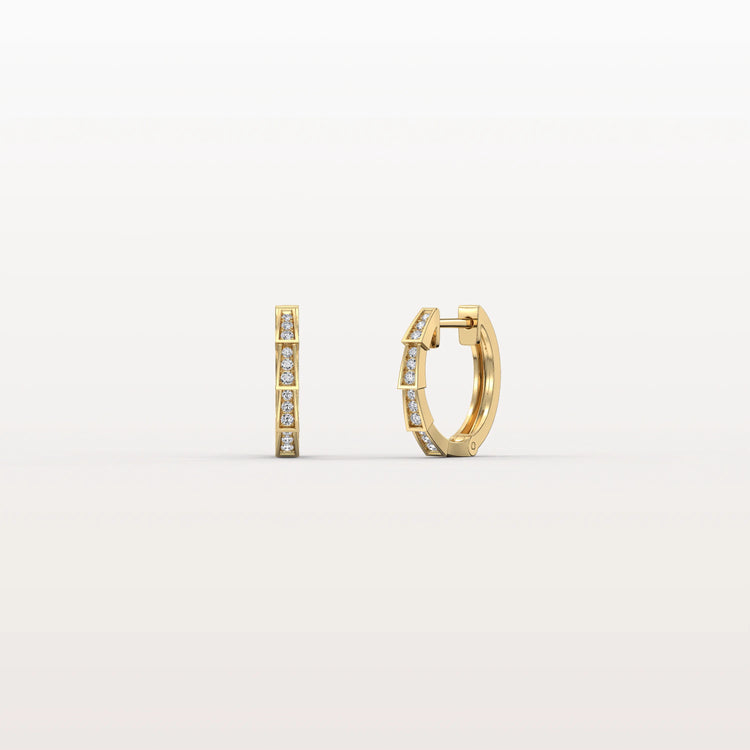 14 mm Gold hoop earrings with embedded stones on a light gray background