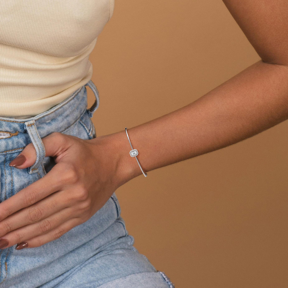 0.5CT Emerald Cut Lab Diamond Halo Bangle In 14K Solid Gold/Platinum - Bracelets