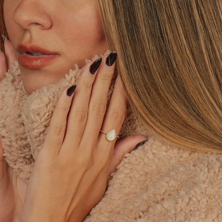 Lab Diamond Beaded Pear Shaped Ring in 14K Gold/Platinum - Rings