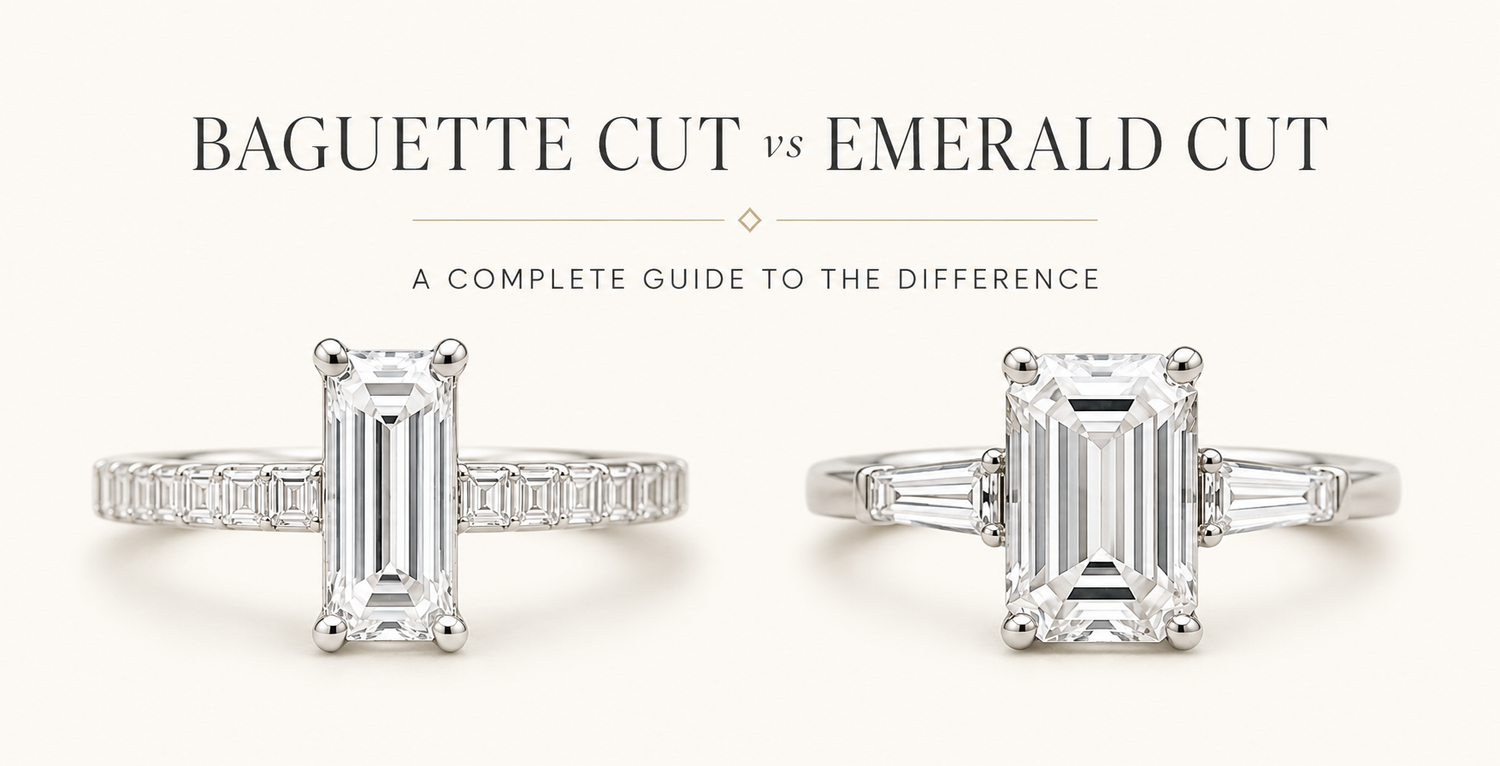 Baguette vs Emerald Cut Diamonds – complete guide comparing diamond shapes, appearance, and ring styles.