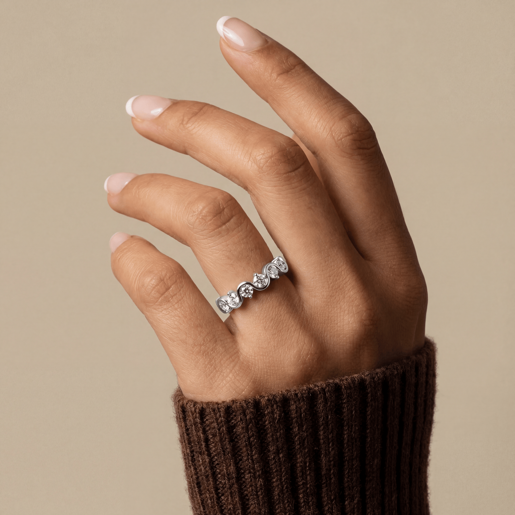Round Lab - Grown Diamond Wave Half Eternity Ring in Sterling Silver - Rings