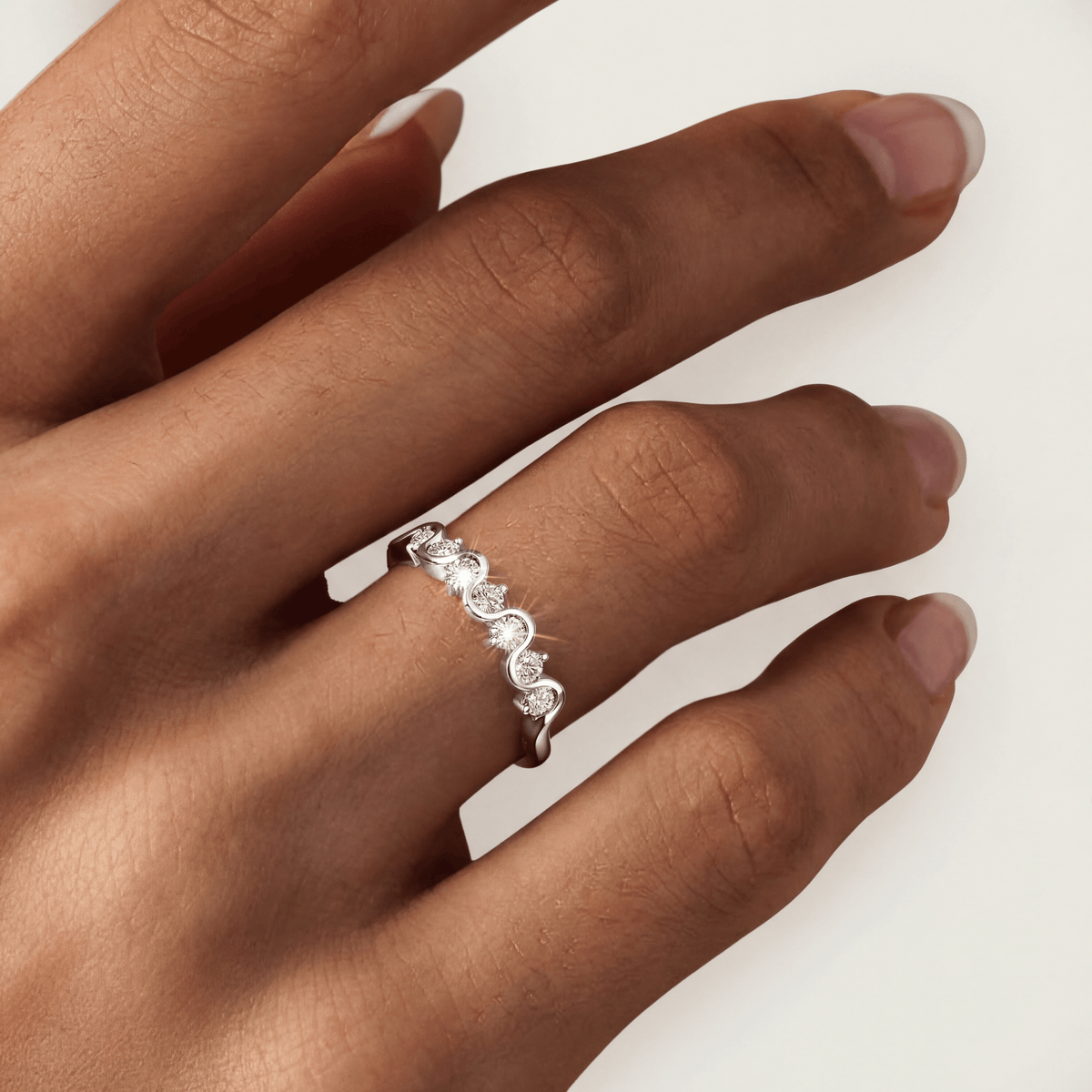 Round Lab - Grown Diamond Wave Half Eternity Ring in Sterling Silver - Rings