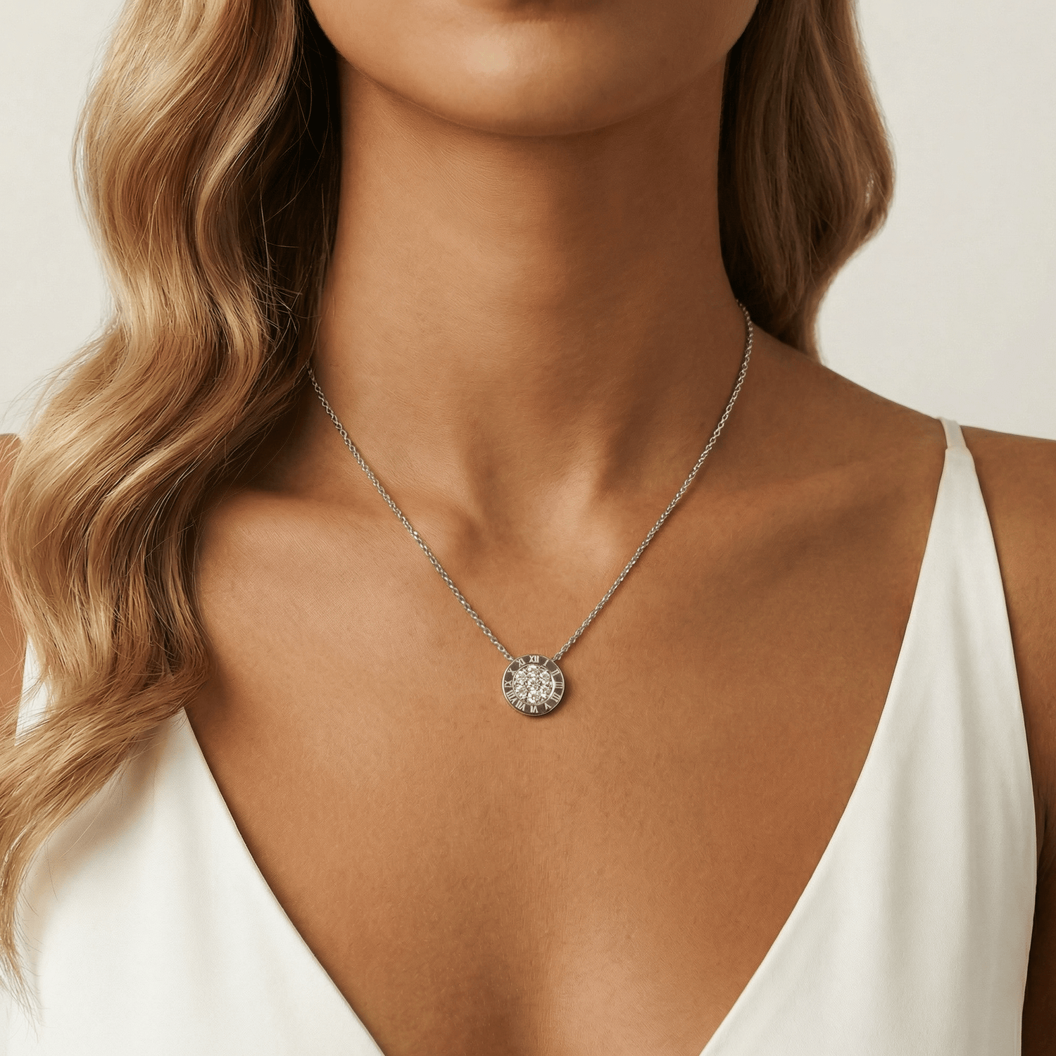Sterling Silver Roman Numeral Disc Pendant Necklace with Pavé Lab - Grown Diamond - Necklaces