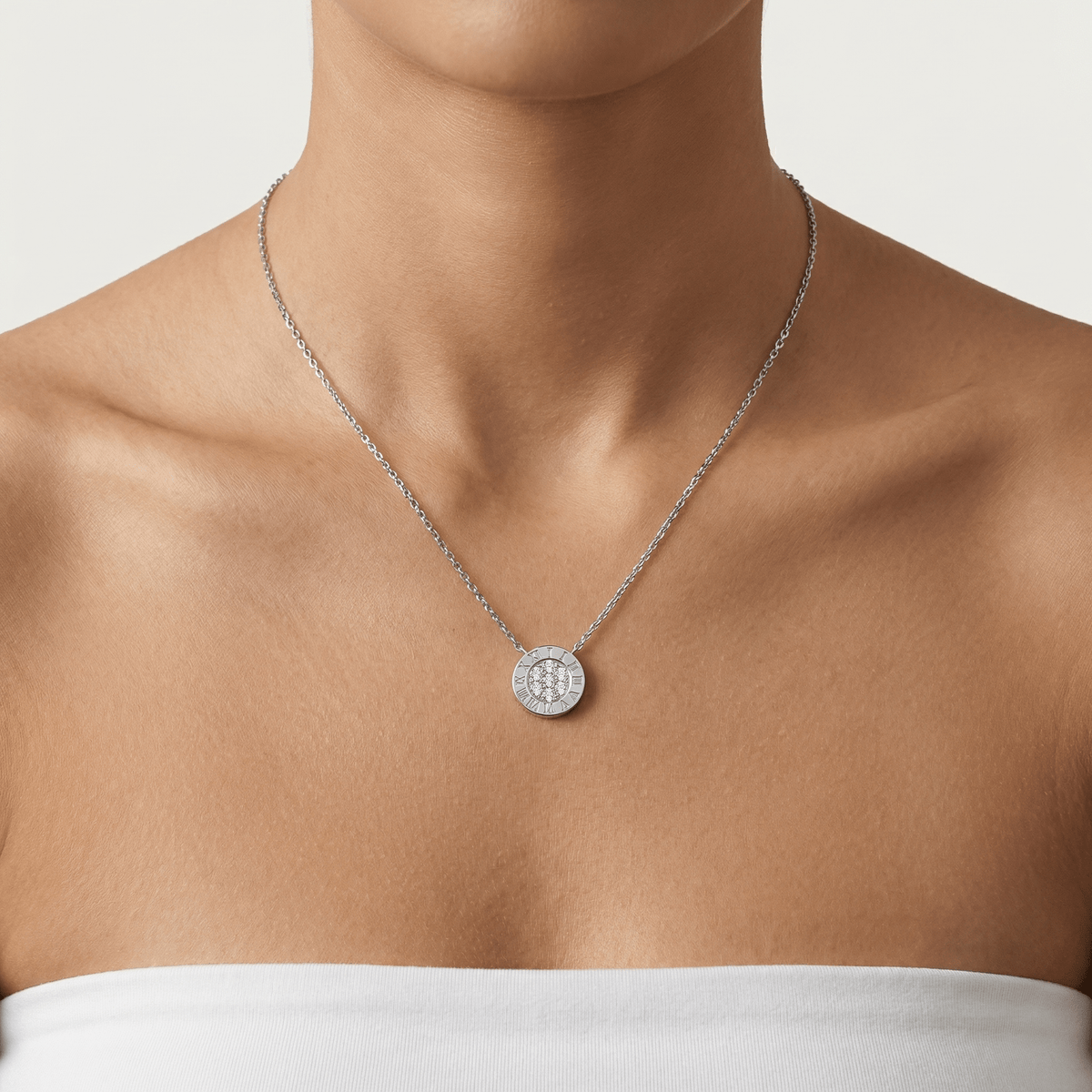 Sterling Silver Roman Numeral Disc Pendant Necklace with Pavé Lab - Grown Diamond - Necklaces