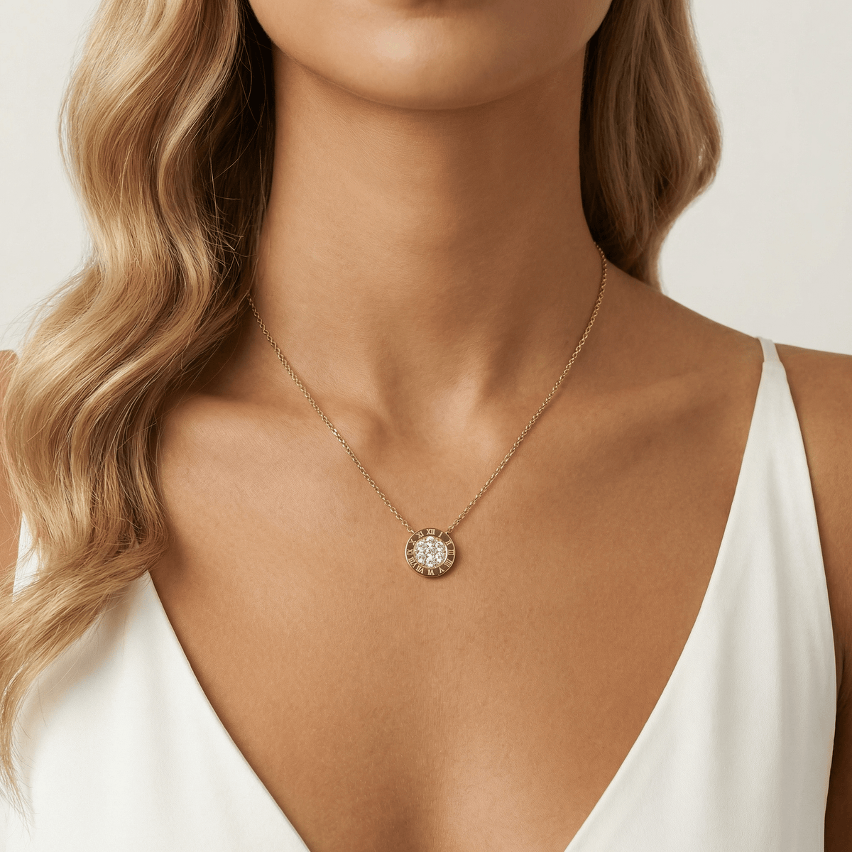 Sterling Silver Roman Numeral Disc Pendant Necklace with Pavé Lab - Grown Diamond - Necklaces