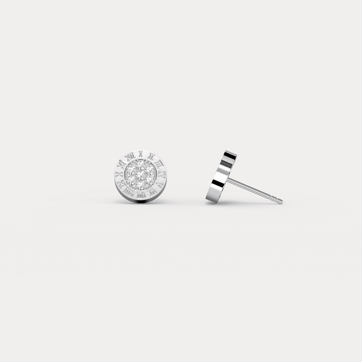 Roman Numeral Disc Stud Earrings with Pavé Lab - Grown Diamond in Sterling Silver - Earrings