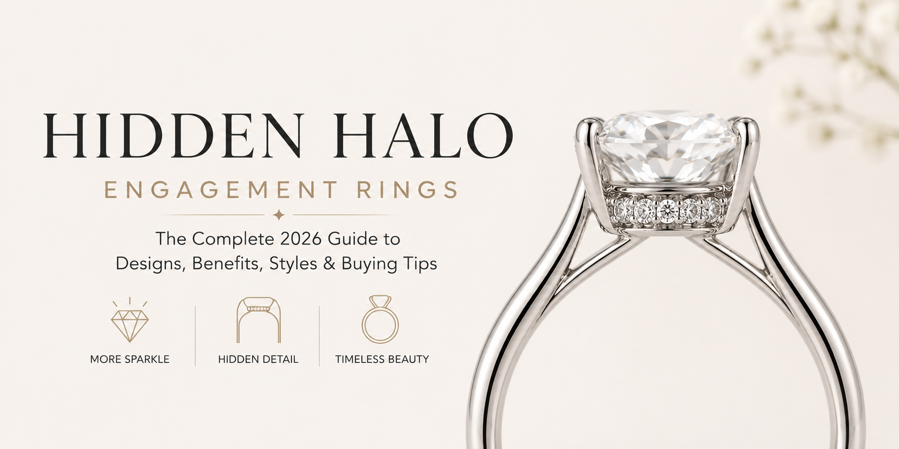 Engagement ring with 'Hidden Halo' design on a beige background, featuring text about 2026 guide to engagement rings.