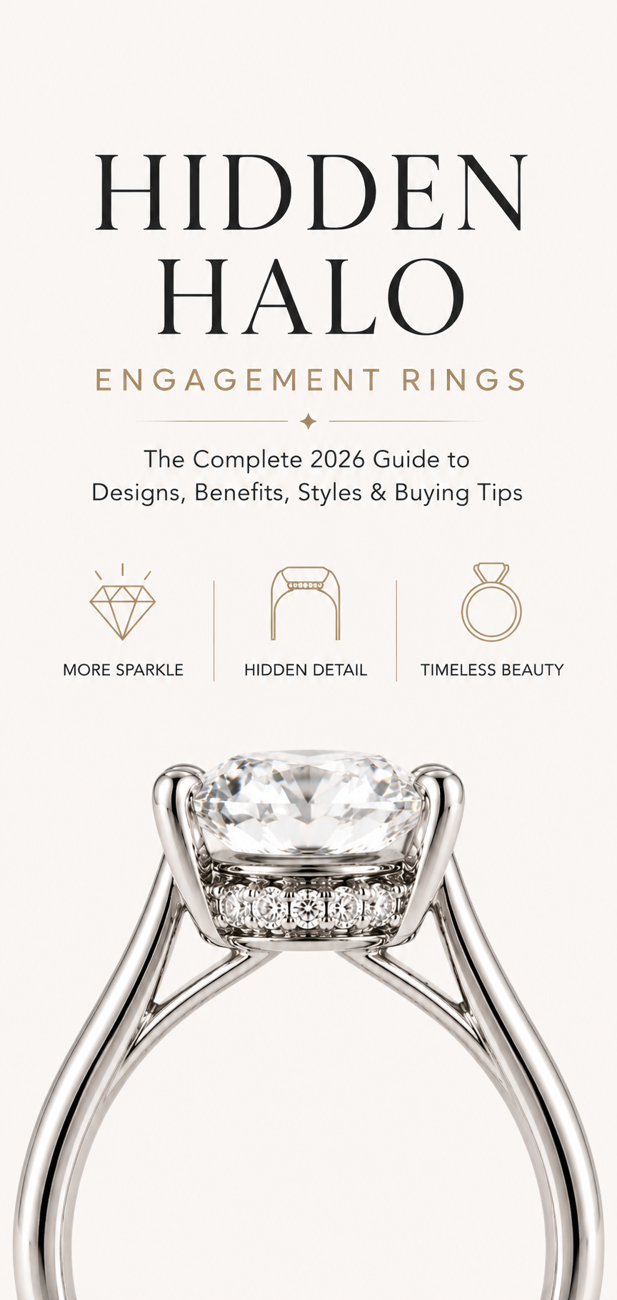 Close up side profile of a hidden halo engagement ring showing a row of hidden diamonds beneath a round center stone with a minimalist cream background.