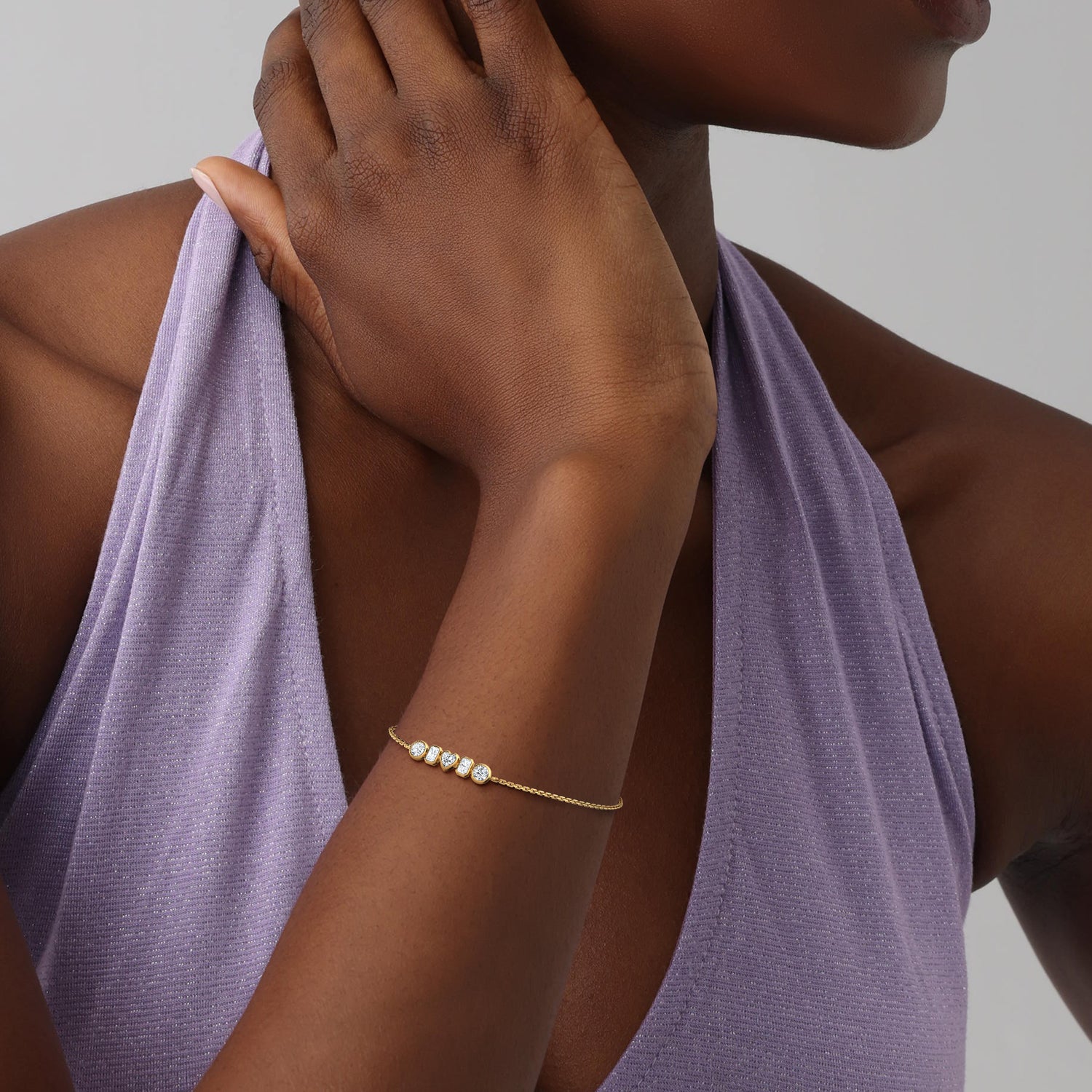 5 - Stone Bezel Multi - Shape Lab - Grown Diamond Bracelet in 14K Gold/Platinum - Bracelets