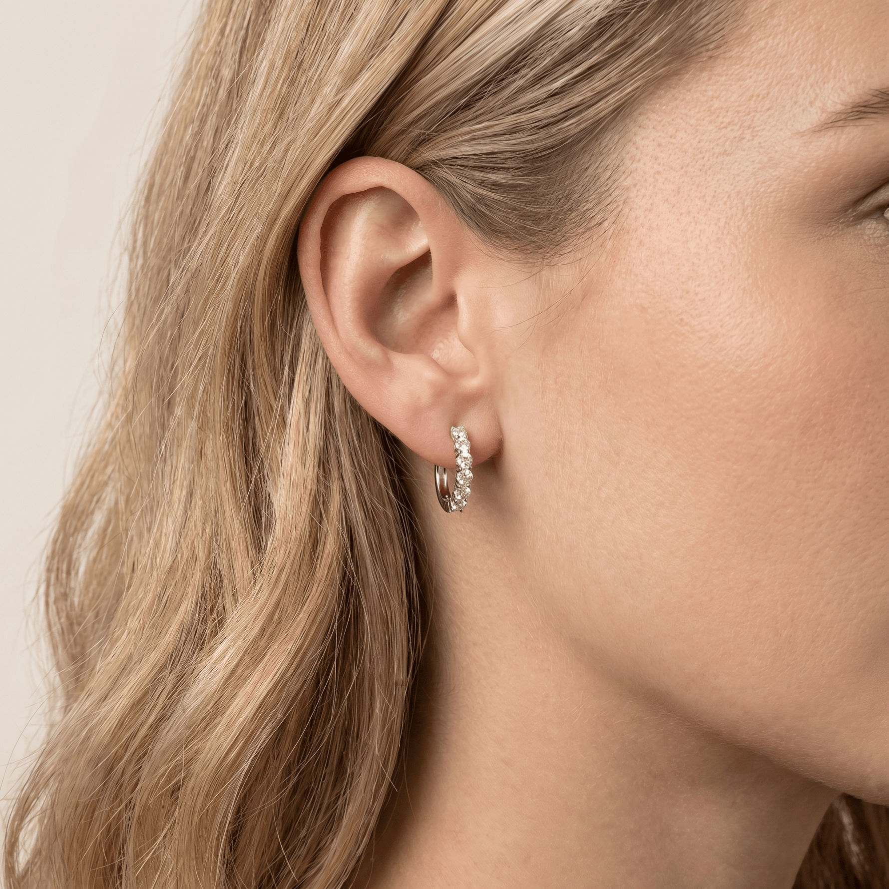 Half Eternity Huggie Diamond Hoop Earring - 14mm in 14K Gold and Platinum - Earrings