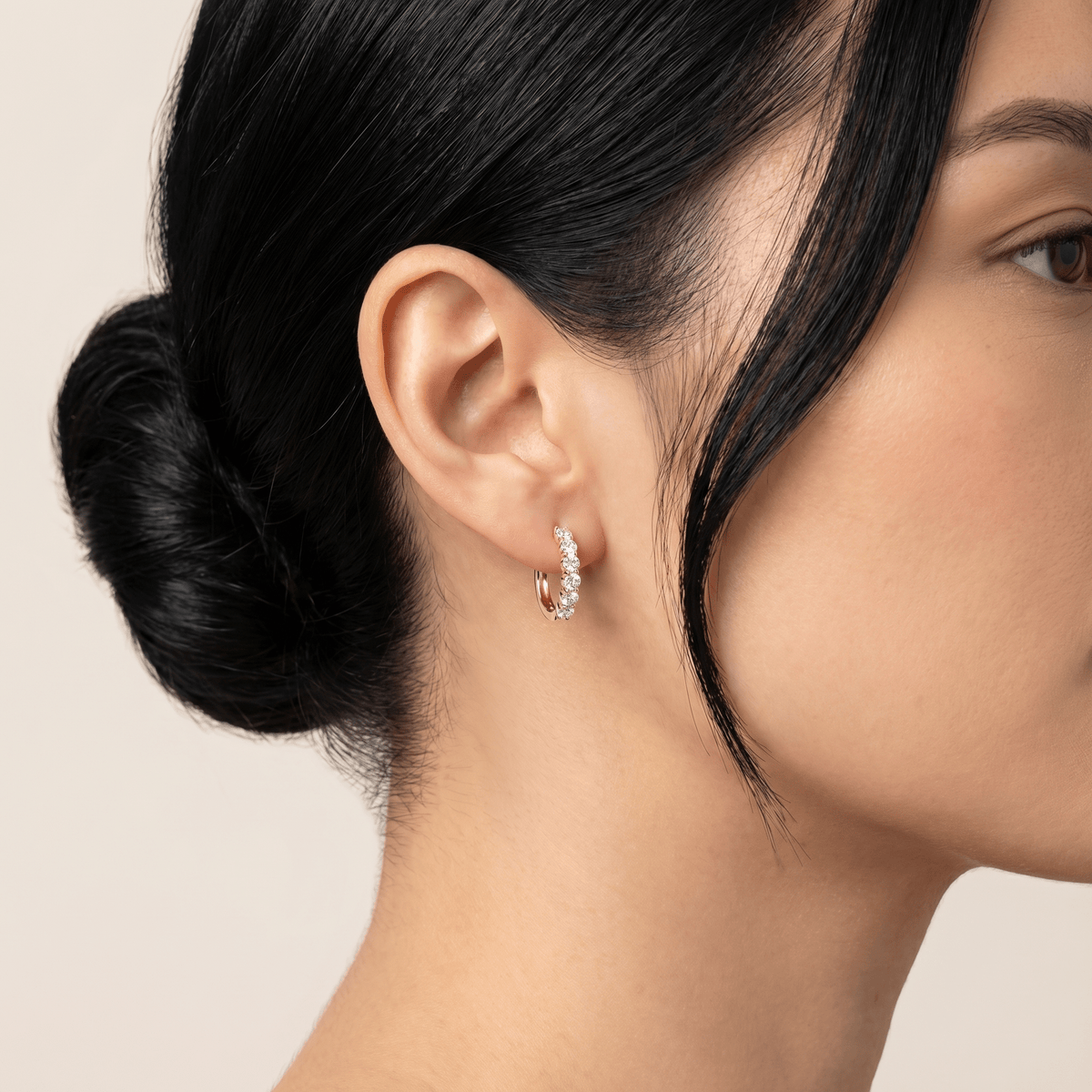 Half Eternity Huggie Diamond Hoop Earring - 14mm in 14K Gold and Platinum - Earrings