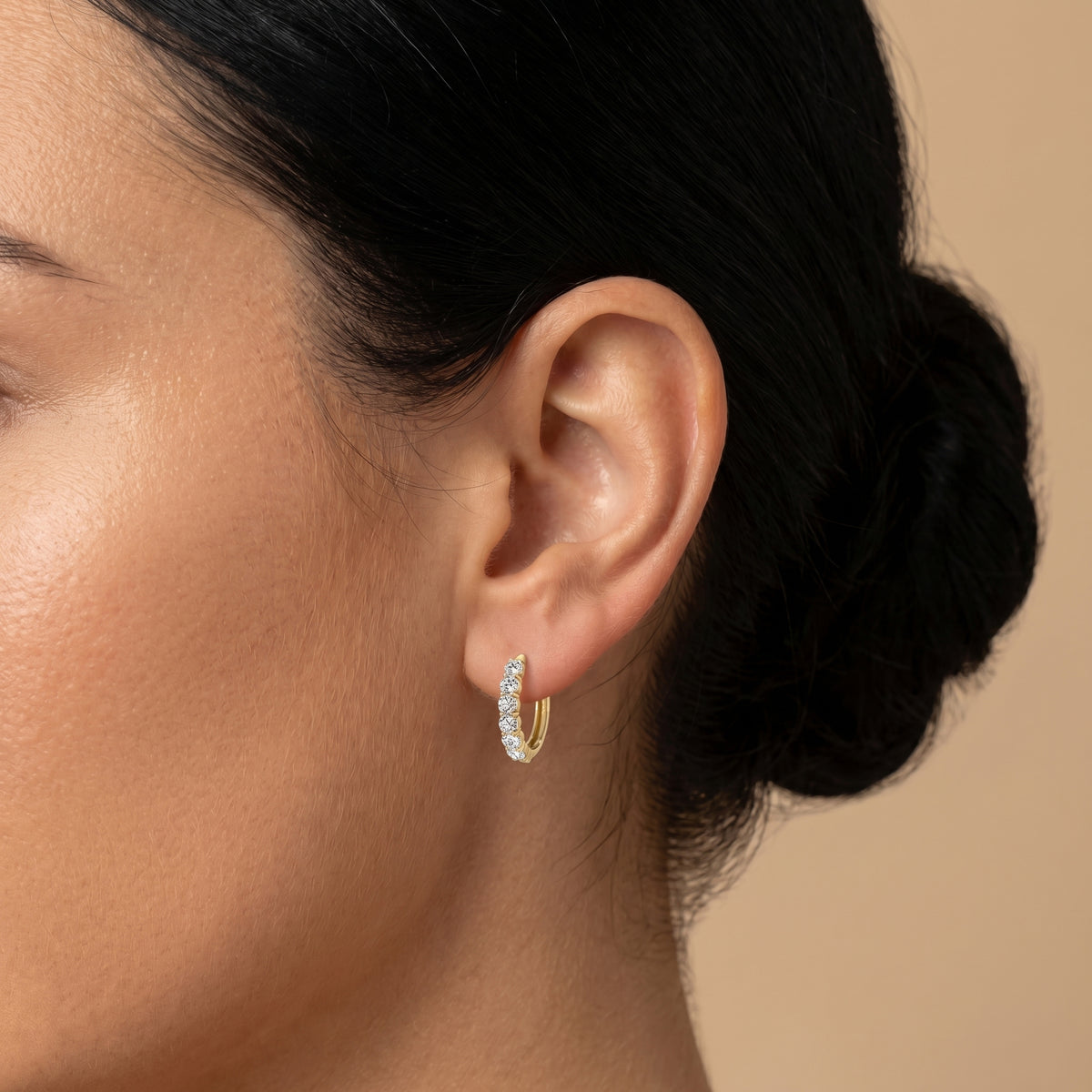 Half Eternity Huggie Diamond Hoop Earring - 14mm in 14K Gold and Platinum - Earrings
