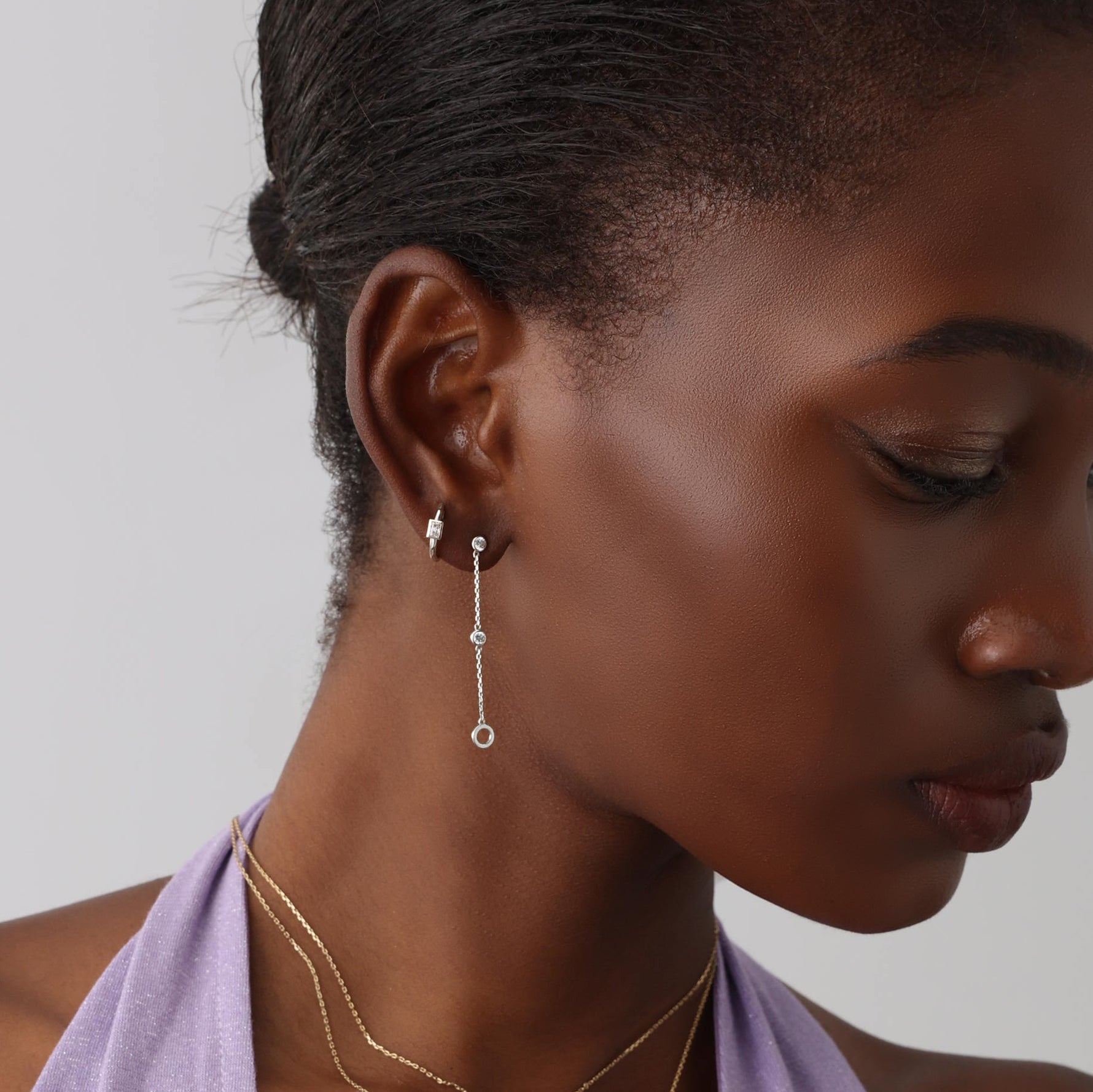 12mm Emerald Cut Lab - Grown Diamond Huggie Hoop Earrings in 14K Gold/Platinum - Earrings