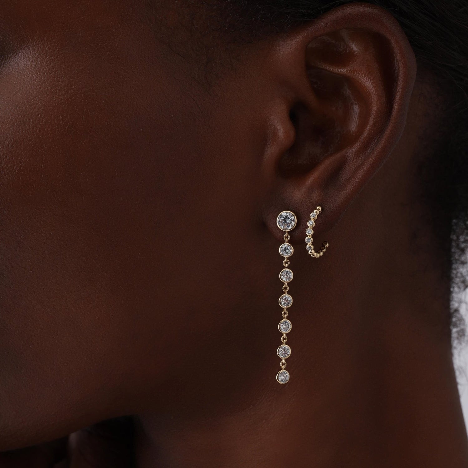Bezel Lab Diamond Linear Drop Earrings in 14K Gold/Platinum - Earrings