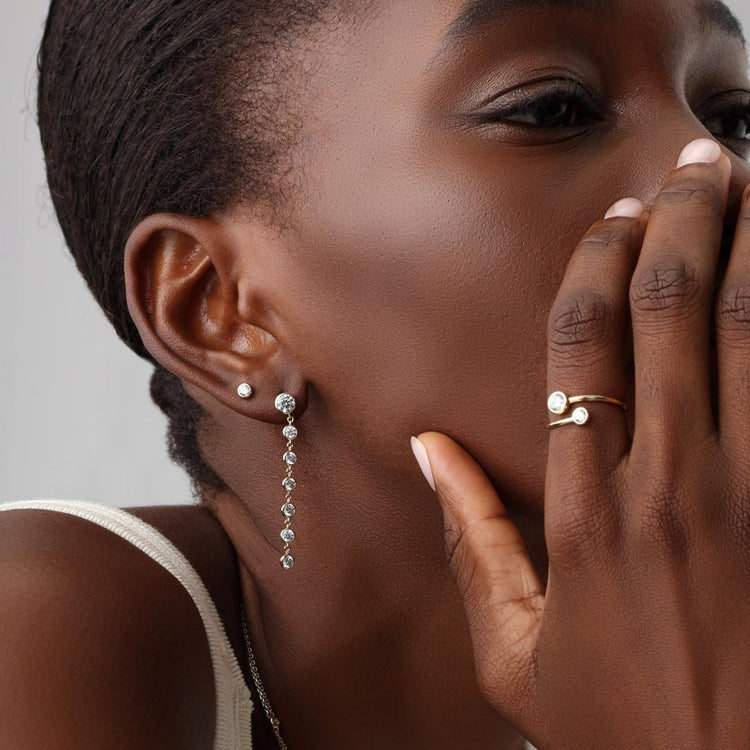 Bezel Lab Diamond Linear Drop Earrings in 14K Gold/Platinum - Earrings