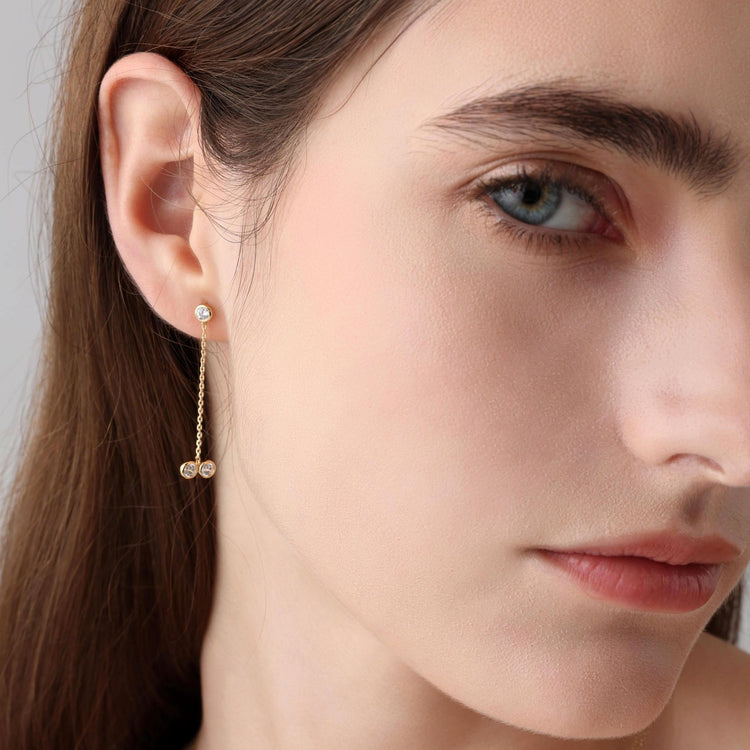 14K Solid Gold Chain Dangle Earring With Lab Diamond - 