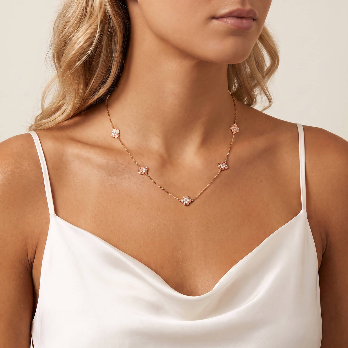 Lab Grown Diamond Clover Station Necklace In 14K Solid Gold/Platinum - Necklaces