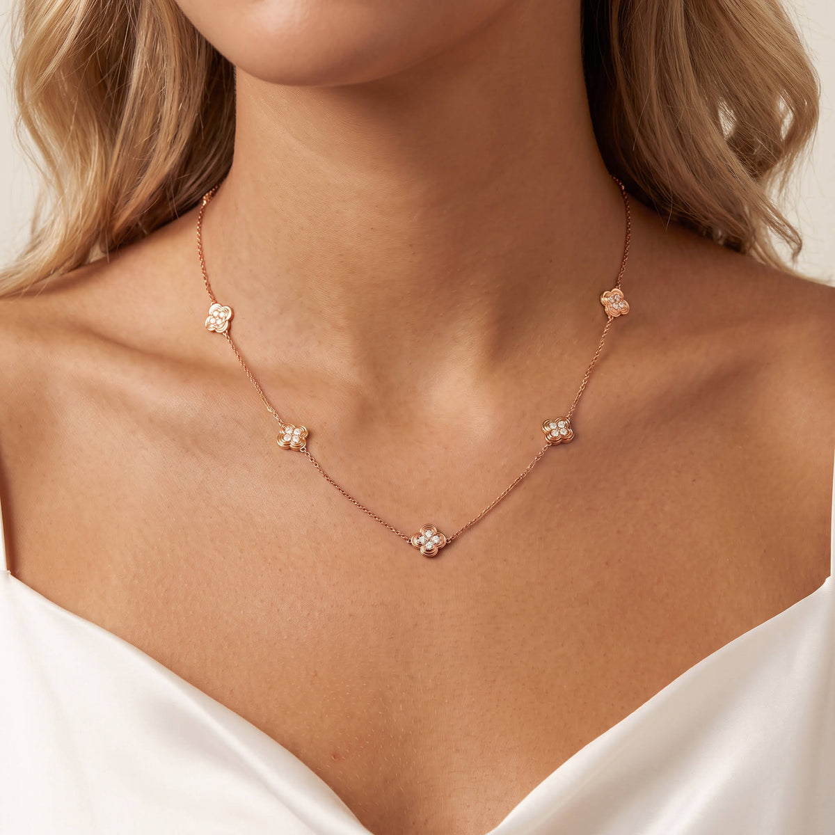 Lab Grown Diamond Clover Station Necklace In 14K Solid Gold/Platinum - Necklaces