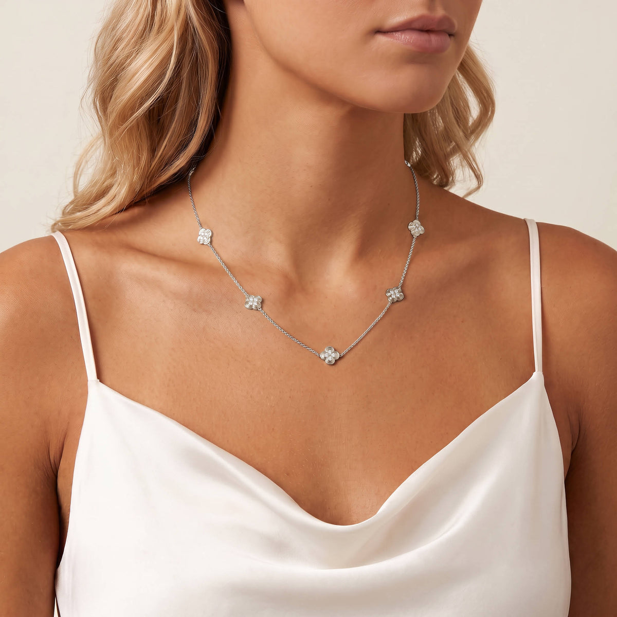 Lab Grown Diamond Clover Station Necklace In 14K Solid Gold/Platinum - Necklaces
