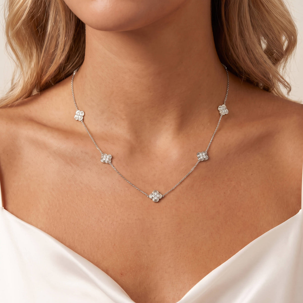 Lab Grown Diamond Clover Station Necklace In 14K Solid Gold/Platinum - Necklaces