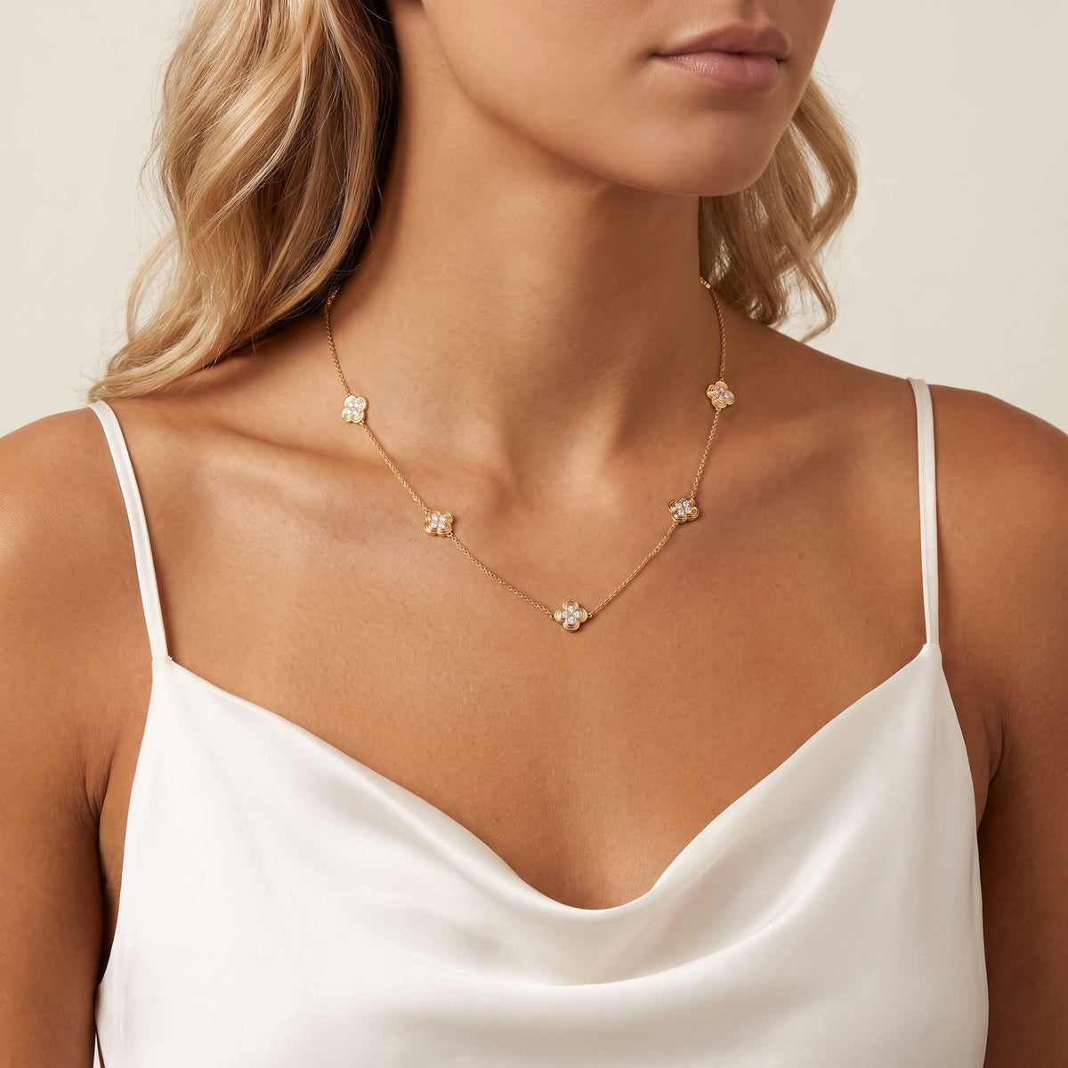 Lab Grown Diamond Clover Station Necklace In 14K Solid Gold/Platinum - Necklaces