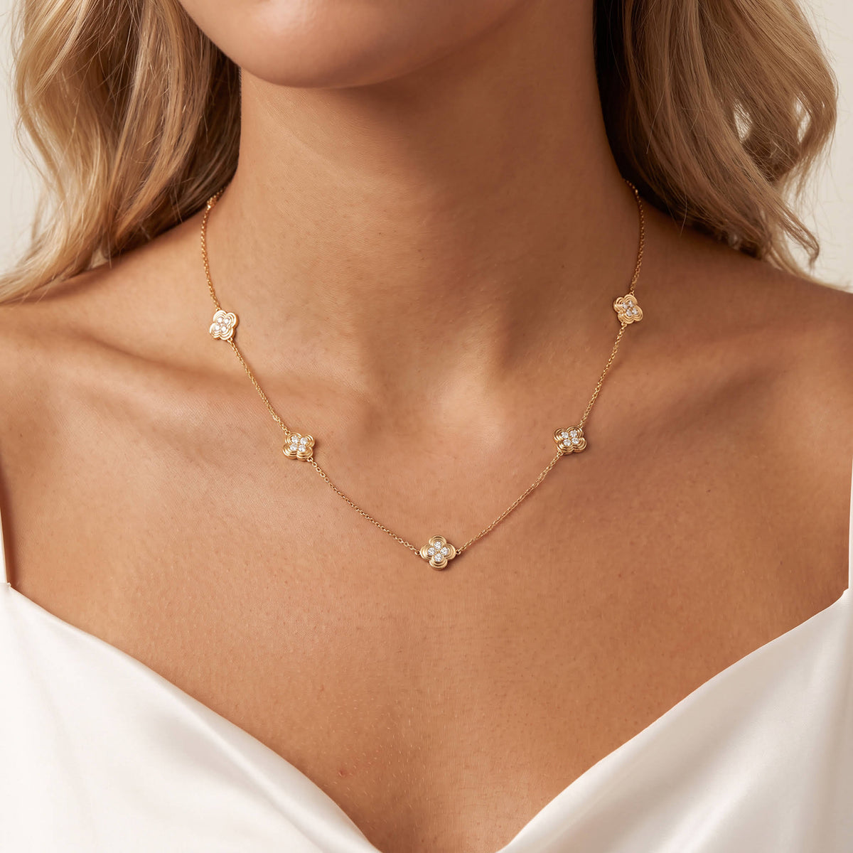 Lab Grown Diamond Clover Station Necklace In 14K Solid Gold/Platinum - Necklaces