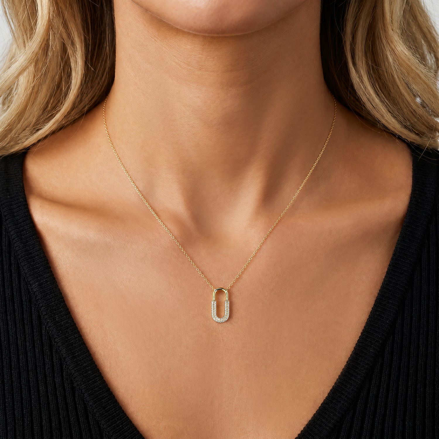 Pave Lab - Grown Diamond U - Link Motif Pendant Necklace in 14K Gold/Platinum - Necklaces