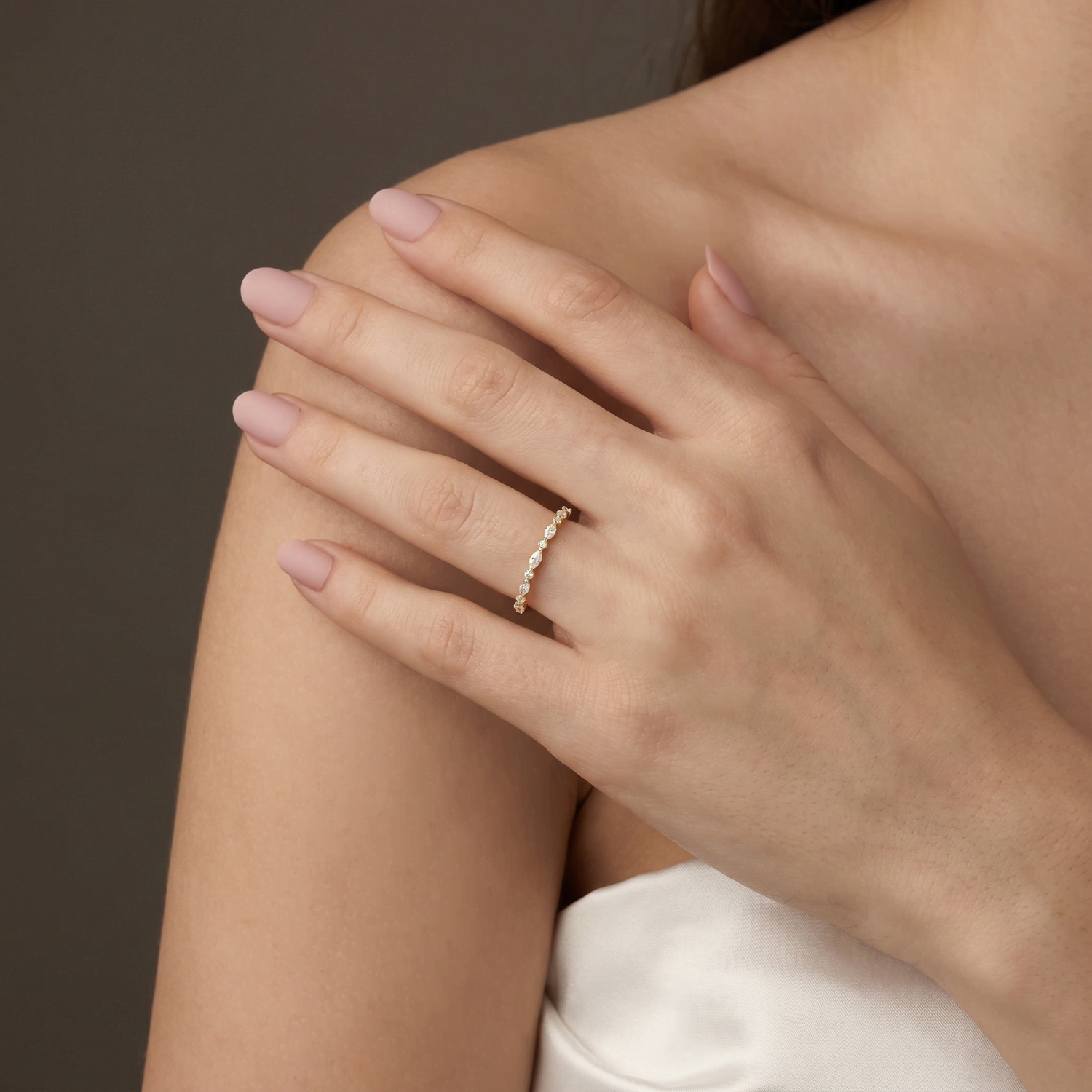 Alternating Marquise & Round Lab Diamond Half Eternity Wedding Band - Rings