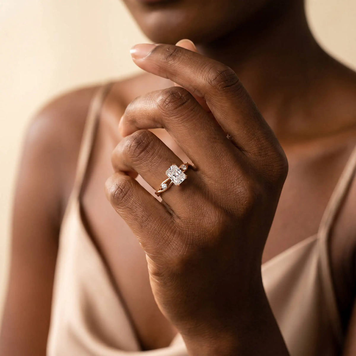 Amira丨1CT Radiant Cut Lab Diamond Twisted Three Stones Engagement Ring - Rings