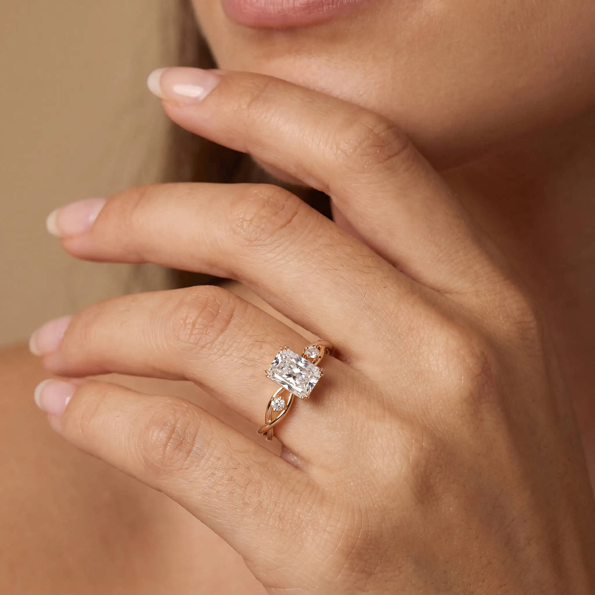 Amira丨1CT Radiant Cut Lab Diamond Twisted Three Stones Engagement Ring - Rings