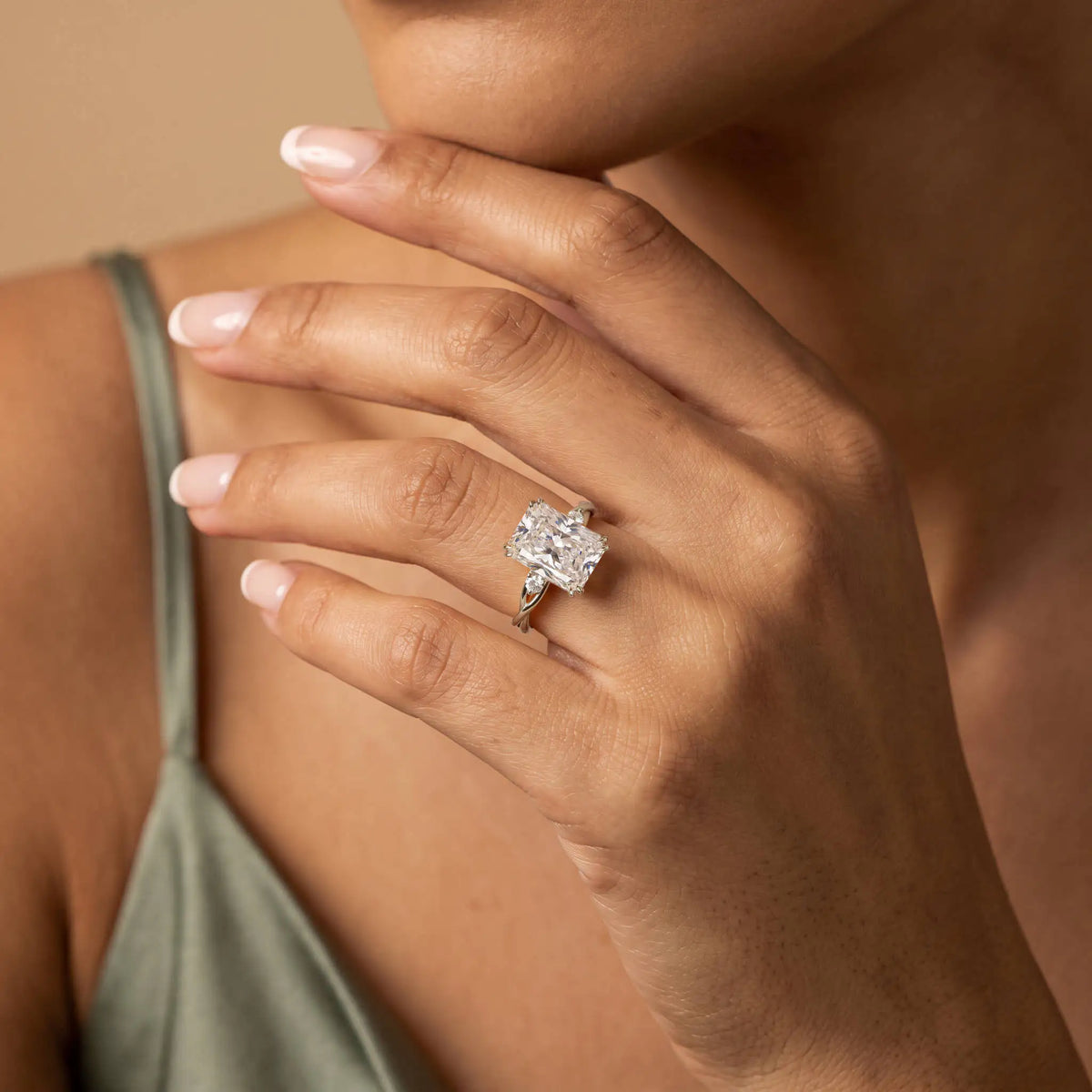 Amira丨3CT Radiant Cut Lab Diamond Twisted Three Stones Engagement Ring - Rings