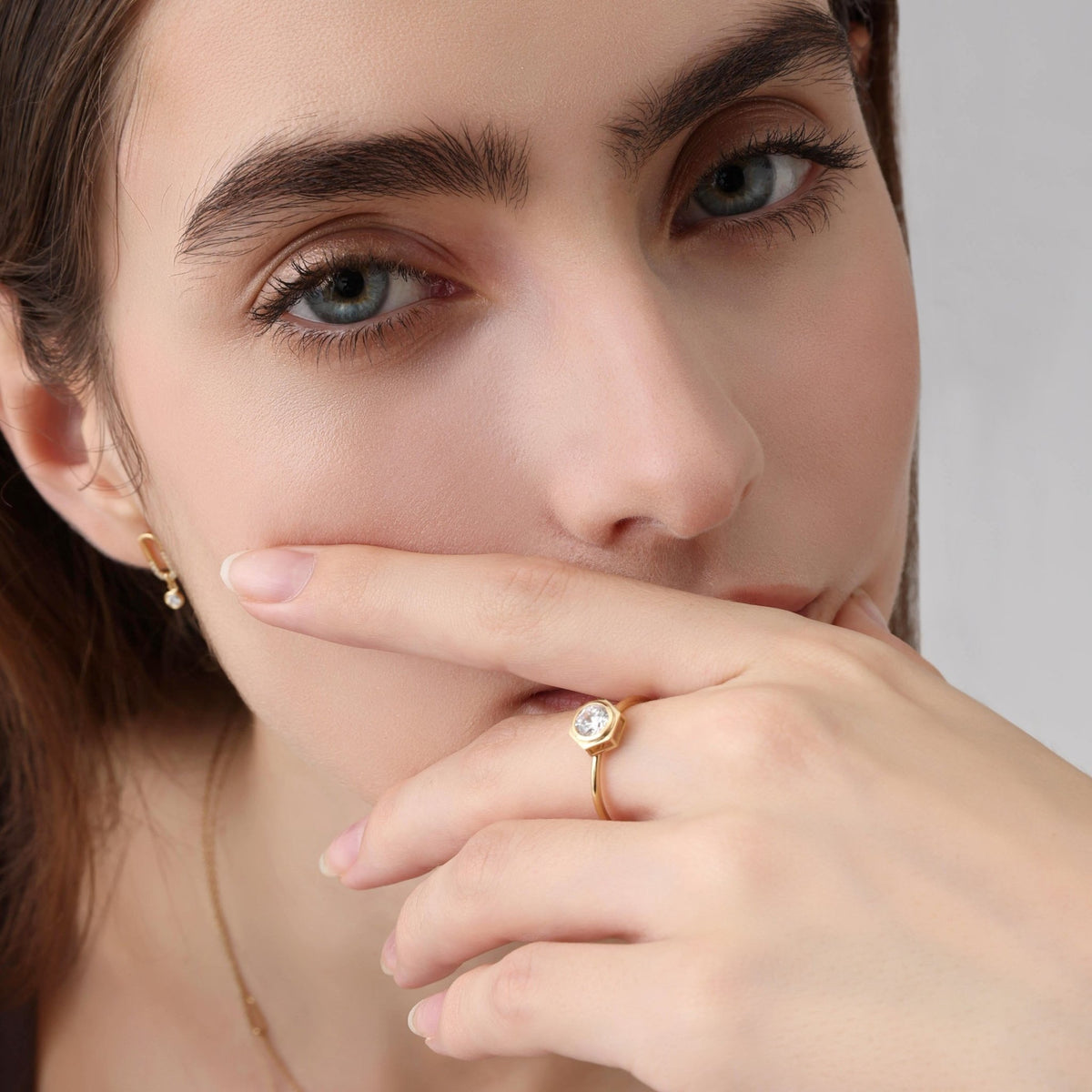 0.3CT Hexagon Bezel Solitaire Round Lab Diamond Ring - Rings