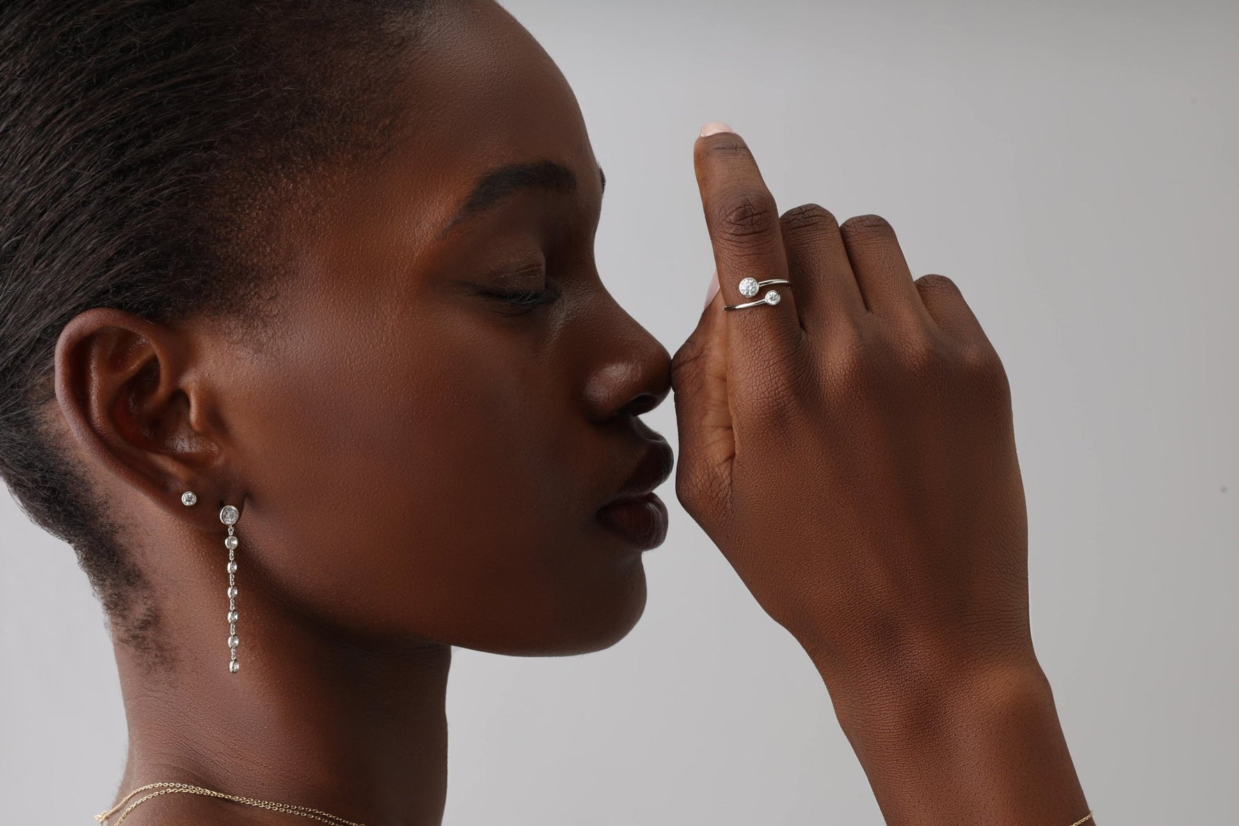 14K Solid Gold Two Stone Bezel Promise Ring With Lab Diamond - 