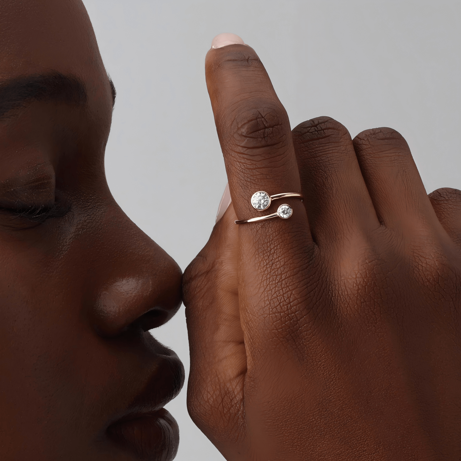 14K Solid Gold Two Stone Bezel Promise Ring With Lab Diamond - 