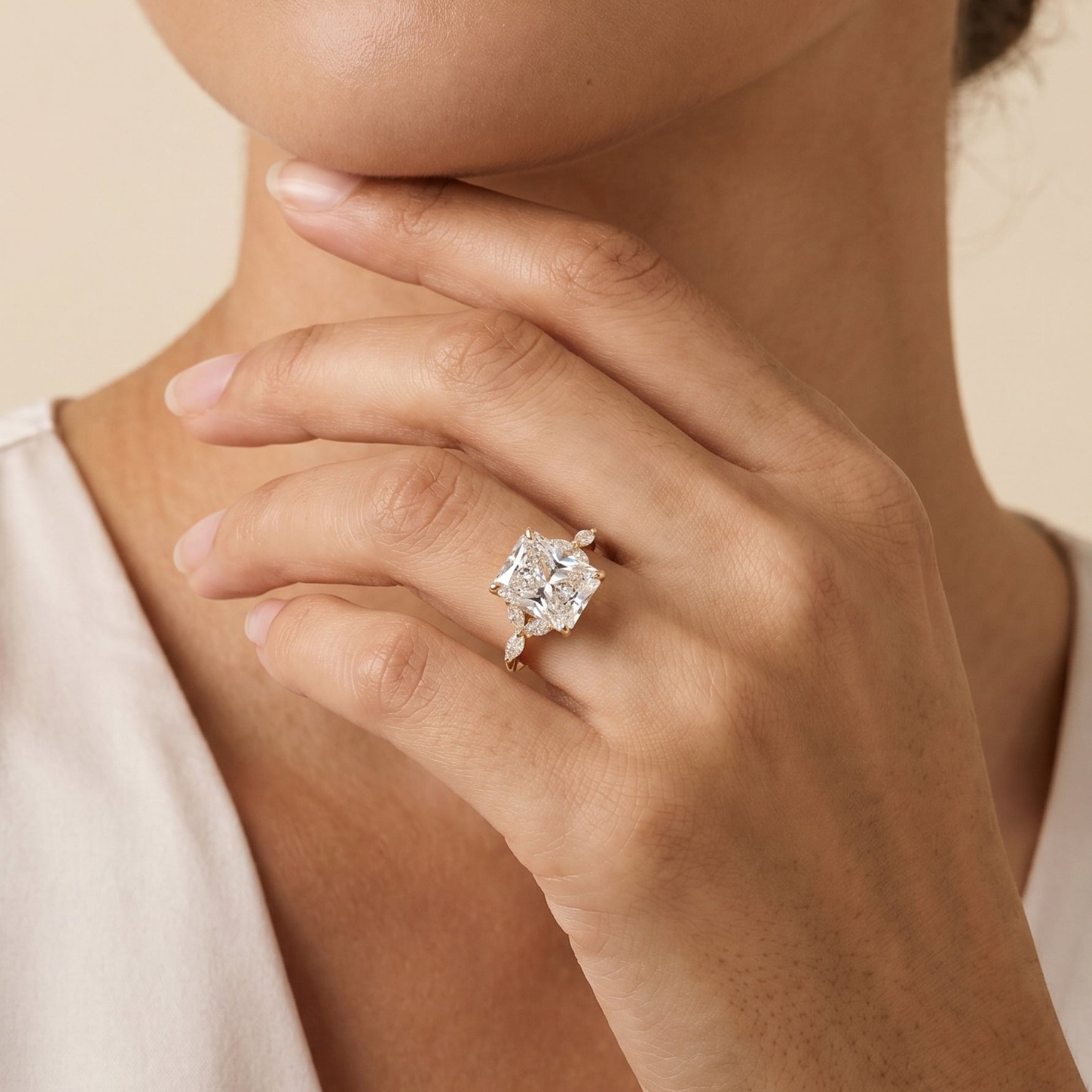 Fauna丨Radiant Lab-Grown Diamond Engagement Ring with Petal Accents - Rings