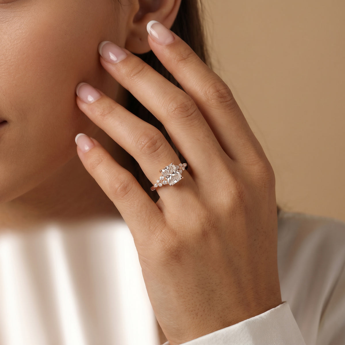 Lauren丨Radiant Lab Diamond Engagement Ring with Floral Diamond Cluster Accents - Rings