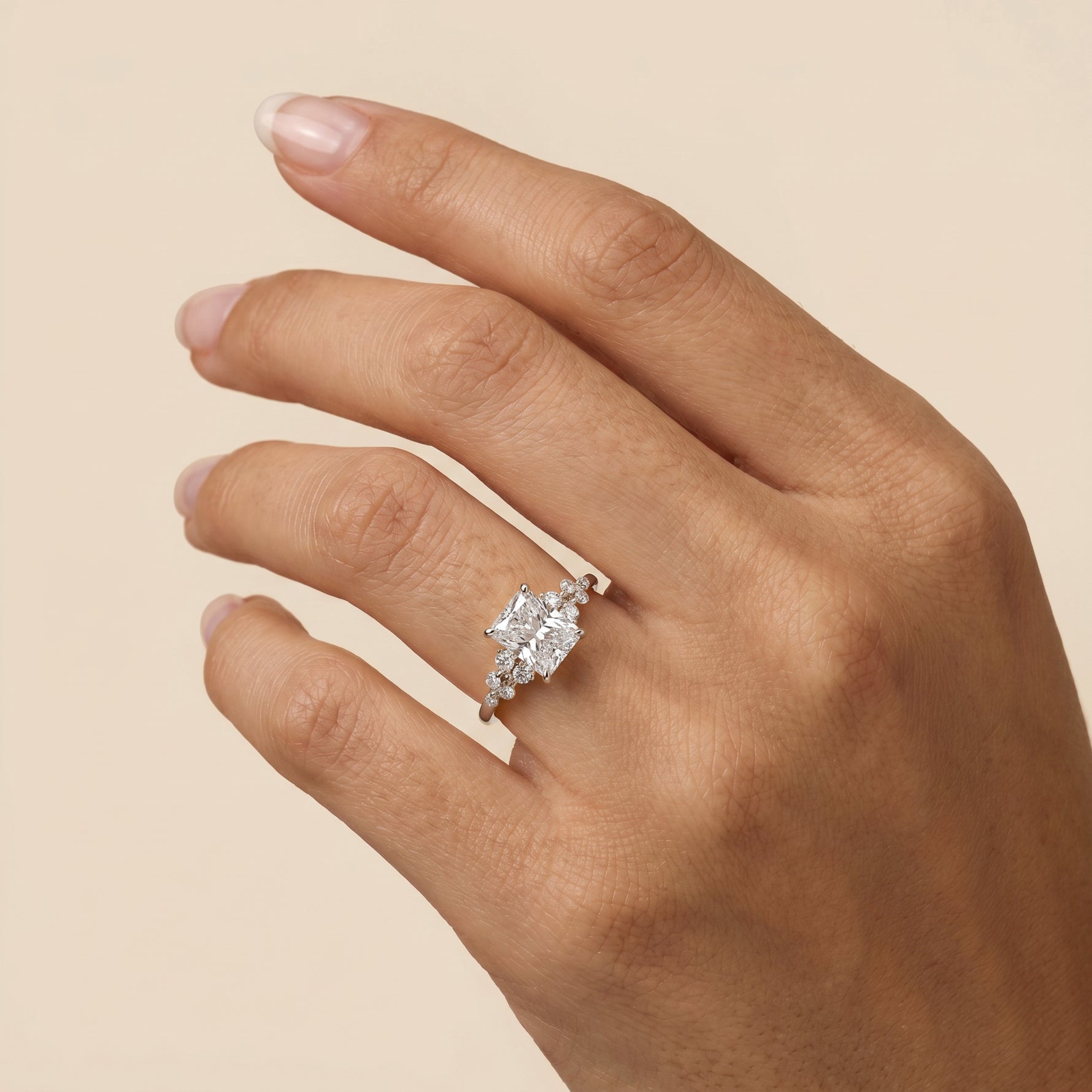 Lauren丨Radiant Lab Diamond Engagement Ring with Floral Diamond Cluster Accents - Rings