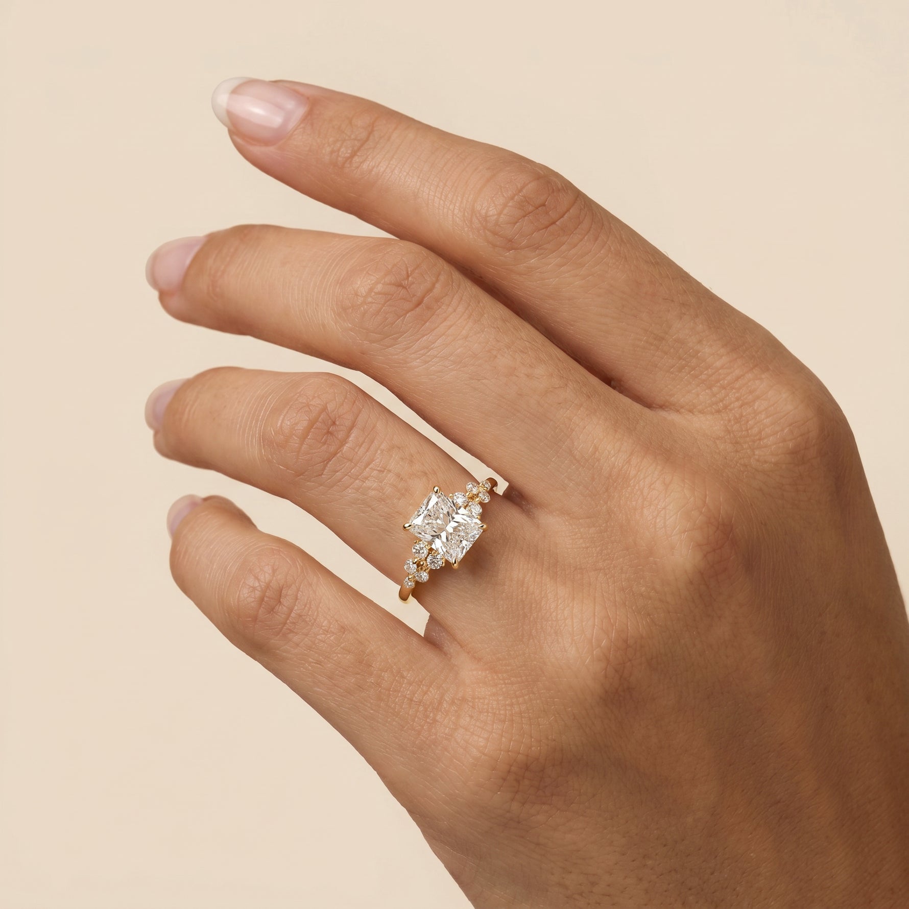 Lauren丨Radiant Lab Diamond Engagement Ring with Floral Diamond Cluster Accents - Rings