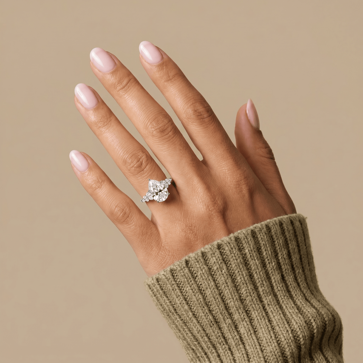 Pear Lab Diamond Engagement Ring with Floral Diamond Cluster Accents - Rings