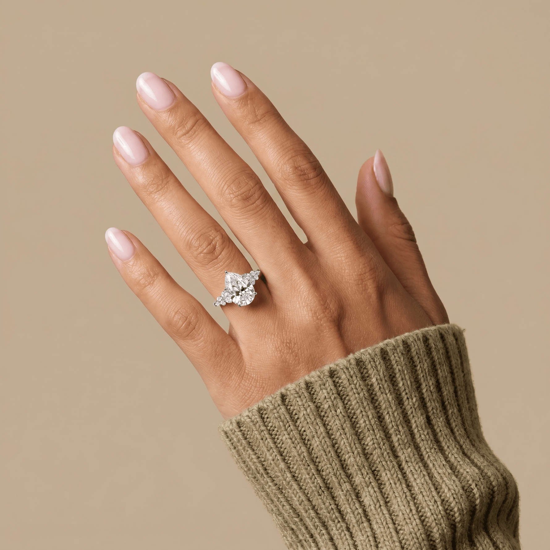 Pear Lab Diamond Engagement Ring with Floral Diamond Cluster Accents - Rings
