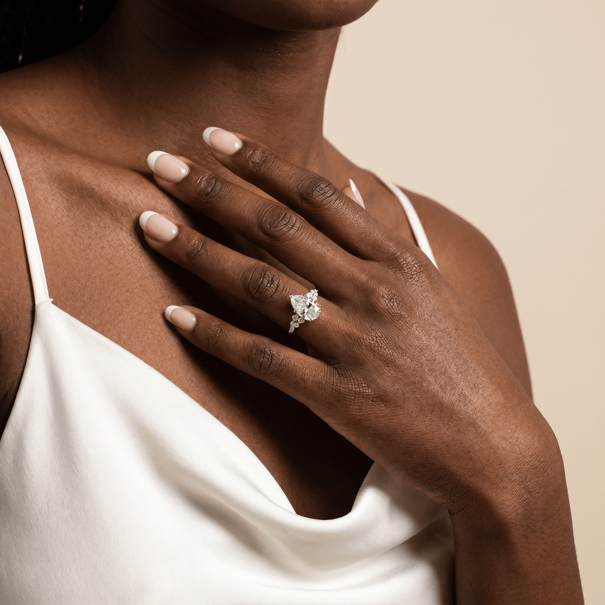 Pear Lab Diamond Engagement Ring with Floral Diamond Cluster Accents - Rings